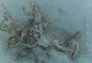 Diana, Aurora and another Figure with two Horae pouring Dew, the Zodiacal arc in the background by Charles de La Fosse