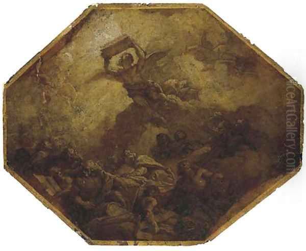 An angel holding a book above figures seated on clouds - view 1