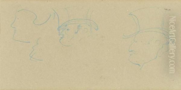Tetes D' Hommes De Profil En Gibus Et Tete De Femme - view 1