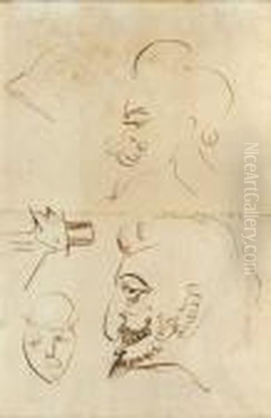 Deux Visages De Profil Et Trois Croquis - view 1