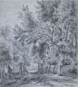Wooded Landscape With A Path By Cottages by Simon De Vlieger