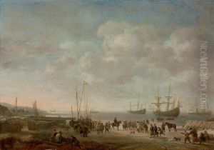 A Beach Scene With Prisoners 
Being Offloaded From Warships Beyond,fishermen In Dunes Nearby