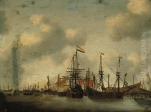 Dutch Men-o'-war And Other Shipping In A Harbour by Simon De Vlieger