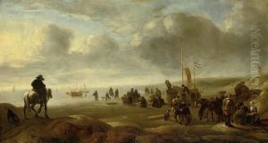 An Extensive Coastal Landscape With Fishermen On The Shore by Simon De Vlieger