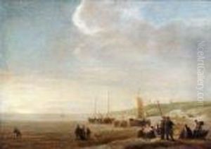 Strandansicht Mit Figurenstaffage Bei Sonnenuntergang by Simon De Vlieger