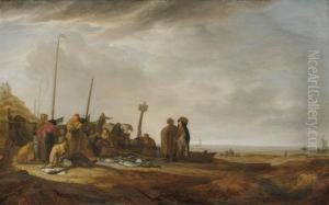 Dunen- Und Strandansicht Mit Leuchtturm Und Fischern