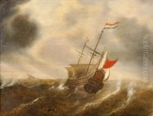 Hollands Oorlogsschip Met Deels
Gestreken Zeilen Op Stormachtige Zee, Rechts Aan De Horizon Een
Zeilschip by Simon De Vlieger