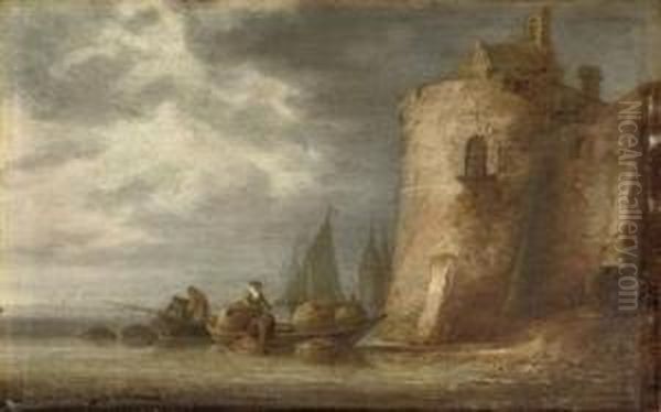 A River Landscape With Fishermen In A Boat Near A Ruined Tower - view 1