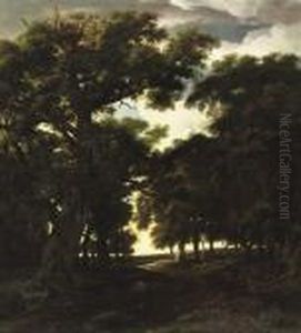 A Wooded Landscape With A Herd Of Pigs On A Track by Simon De Vlieger