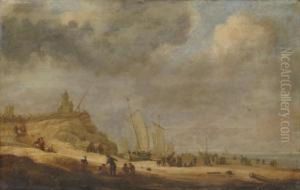 Fishermen Unloading Their Catch On A Beach, A Town Beyond by Simon De Vlieger