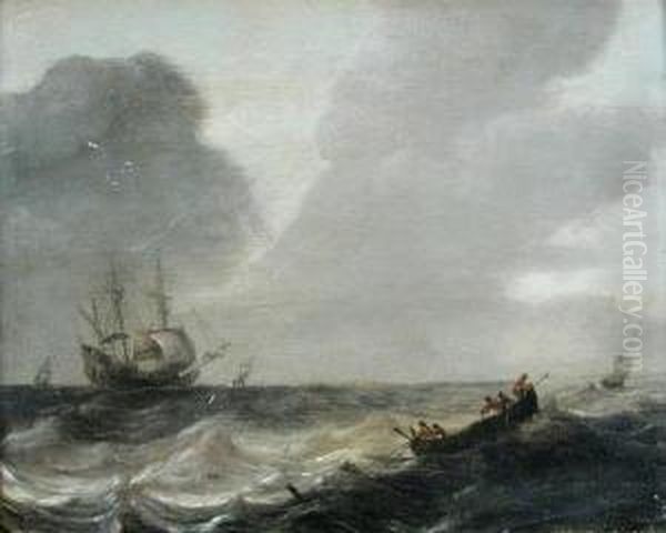 A Rowing Boat Going Out To A Sailing Ship In A Storm Oilon Panel 24 X 30cm - view 1