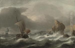 A Rocky Coastline With Shipping In Choppy Seas by Simon De Vlieger