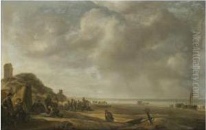 A Beach Scene On The North Sea Coast Of Holland, With Fishermen Displaying Their Catch