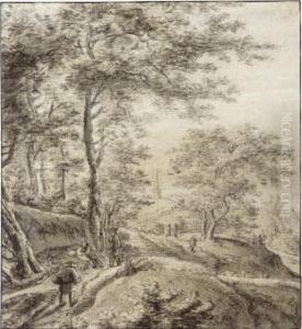 Wooded Landscape With Figures On A Path, A Church Behind Wooded Landscape With Figures On A Path, A Church Behind