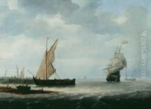 Schiffe Vor Der Hafeneinfahrt by Simon De Vlieger