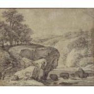 Rugged River Landscape With Travellers By Rapids by Simon De Vlieger