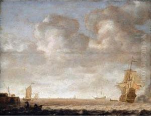 An Estuary Scene, With A Man O'
War Firing A Salute To The Right And Small Vessels Off A Jetty To The
Left by Simon De Vlieger