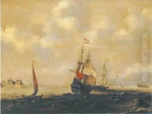 A Dutch Three-master And Other Shipping In A Breeze, A City In Thedistance