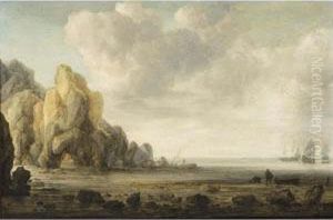 An Estuary Scene With A Rocky
Coastline On The Left And Fishermen On The Shore, Men-'o-war In The
Background by Simon De Vlieger