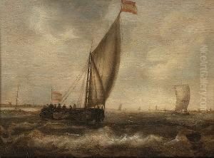 Dutch Pinks In Choppy Waters Off A Coastline by Simon De Vlieger