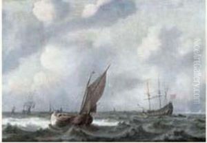 Barques Et Navires Hollandais Dans Une Mer Agitee by Simon De Vlieger