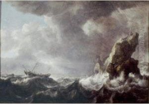 A Ship In Distress In Stormy Seas by Simon De Vlieger
