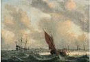Barque Et Navire Hollandais Dans Une Mer Agitee