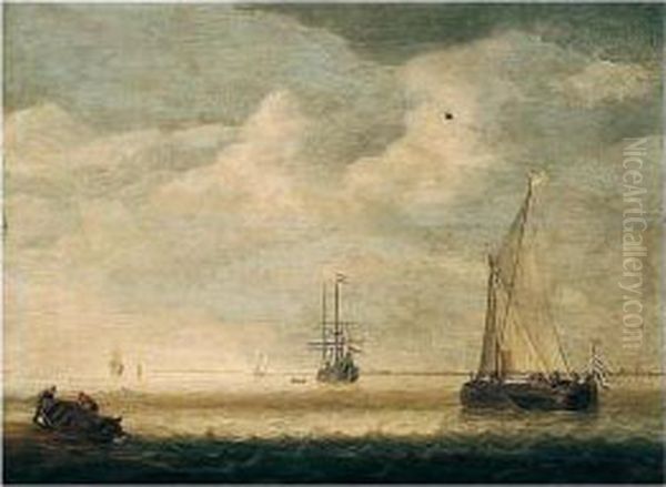 Dutch Coastal Vessels In A River
 Estuary With Fishermen Hauling Their Boat Ashore In The Foreground - view 1