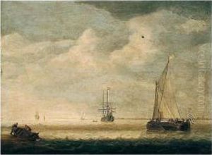 Dutch Coastal Vessels In A River
Estuary With Fishermen Hauling Their Boat Ashore In The Foreground by Simon De Vlieger