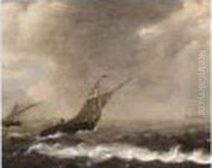 Sailing Vessels In Stormy Seas by Simon De Vlieger