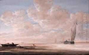 A Calm: Fishermen At Work On A
Sandbank With A Wijdschipapproaching A Harbour Nearby, Other Shipping
Beyond, At Dawn by Simon De Vlieger