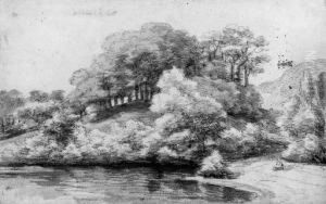 A River Landscape With Trees On A Hill
