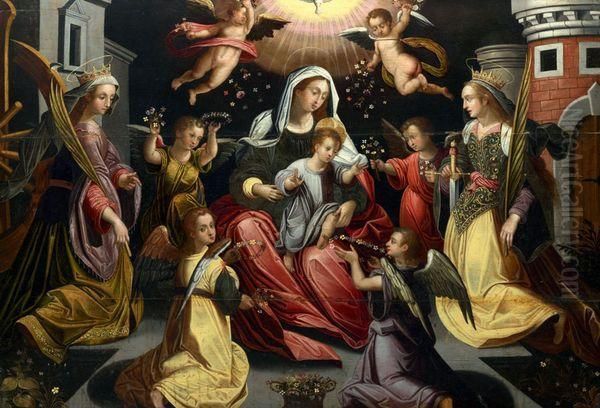 Vierge A L'enfant Entouree 
D'anges Tenant Des Fleurs, Saintecatherine D'alexandrie Et Sainte Barbe - view 1