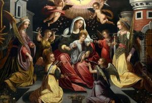 Vierge A L'enfant Entouree
D'anges Tenant Des Fleurs, Saintecatherine D'alexandrie Et Sainte Barbe by Maarten de Vos