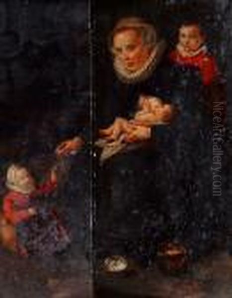 Portrait Of A Lady With Her Three Children Inan Interior - view 1