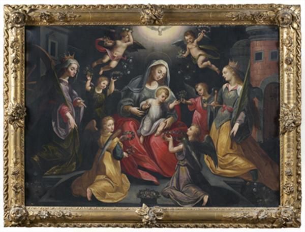 Vierge A L'enfant Entouree De Sainte Catherine D'alexandrie, Sainte Barbe Et Des Anges - view 1
