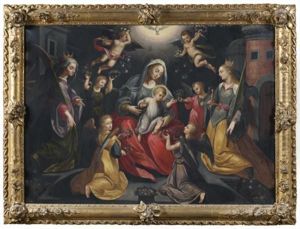 Vierge A L'enfant Entouree De Sainte Catherine D'alexandrie, Sainte Barbe Et Des Anges by Maarten de Vos