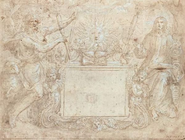 Le Christ Et Saint Jean-baptiste, Projet De Gravure
Plume Et Encre Brune, Lavis Gris Et Rehaut De Gouache Blanche Sur Papier Rose - view 1