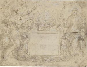 Christ And St John The Baptist 
Standing Either Side Of An Altar, With The Sun Rising Behind: A Design 
For A Title Page by Maarten de Vos