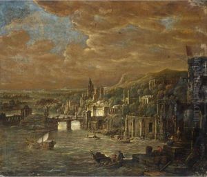 A Panoramic View Of An Italian City With Classical Buildings Along A River by Jacob Willemsz de Wet the Elder