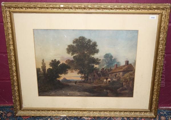 Figures In A Country Lane Beside Cottages - view 1