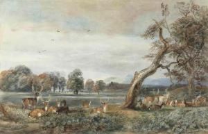 A Herd Of Deer Resting In Lowther Castle Park, Cumbria by Peter de Wint