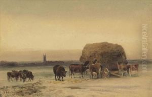 Cattle By A Haycart, A Church Beyond, In The Lincolnshirewolds