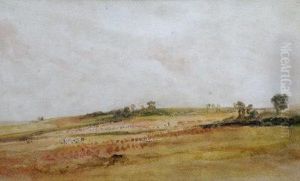 An Extensive Wooded Landscape With Harvesters And Cornfields by Peter de Wint