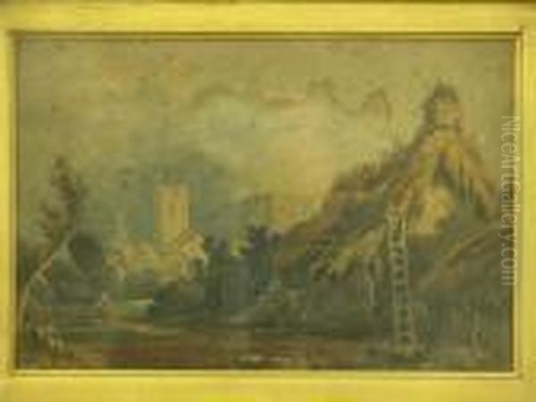 English Villagewith Cottage Being Thatched And Distant Church - view 1
