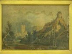 English Villagewith Cottage Being Thatched And Distant Church by Peter de Wint