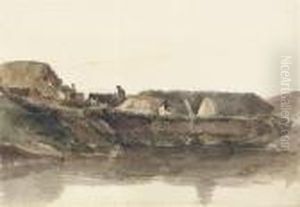 Farm Buildings And A Cart On The Banks Of Stream by Peter de Wint