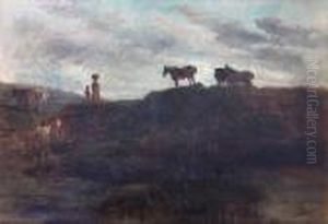 'country Scene' With Mother And 
Child, Andponies On A Hill Top, And Men Working At A Stream