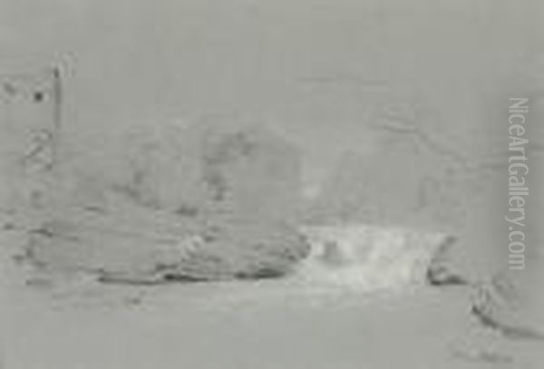 A Waterfall Between Trees With A Building Above - view 1