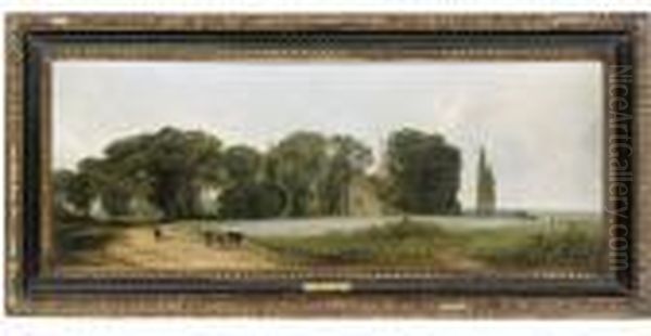 A Village Church By The River With Cattle Watering Nearby - view 1